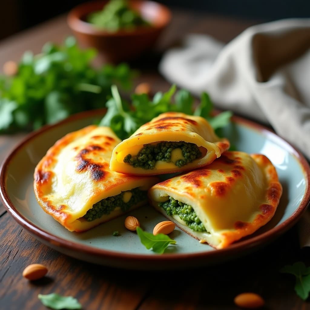 Empanadillas de Harina de Maíz y Queso de Anacardos con Pesto de Rúcula: Receta Argentina Vegana