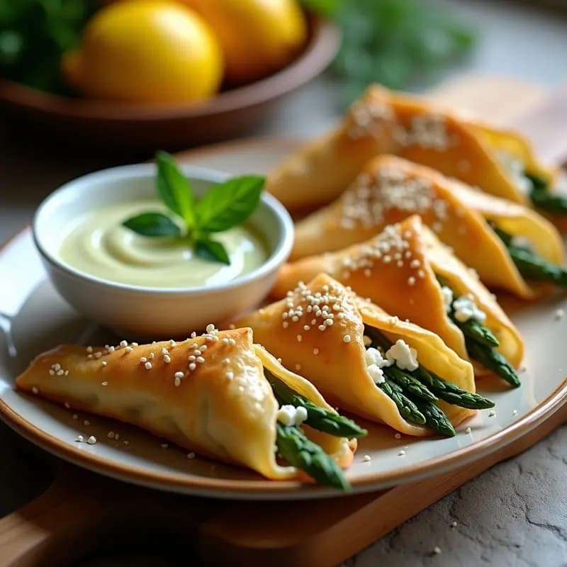 Empanadillas de Masa Filo y Espárragos: Entrante Griego con Salsa de Limón y Hierbas