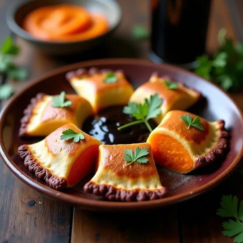 Empanadillas de Yuca Morada y Puré de Batata con Touchino de Ajo Negro: Receta Boliviana Gourmet