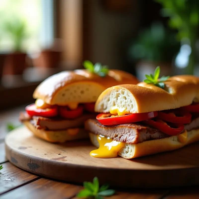 Emparedado de lomo con queso y pimientos asados: bocadillo caliente tradicional