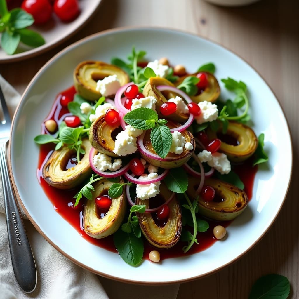 Ensalada de Alcachofas Asadas y Queso Feta con Vinagreta de Mosto de Granada: Receta Griega Gourmet