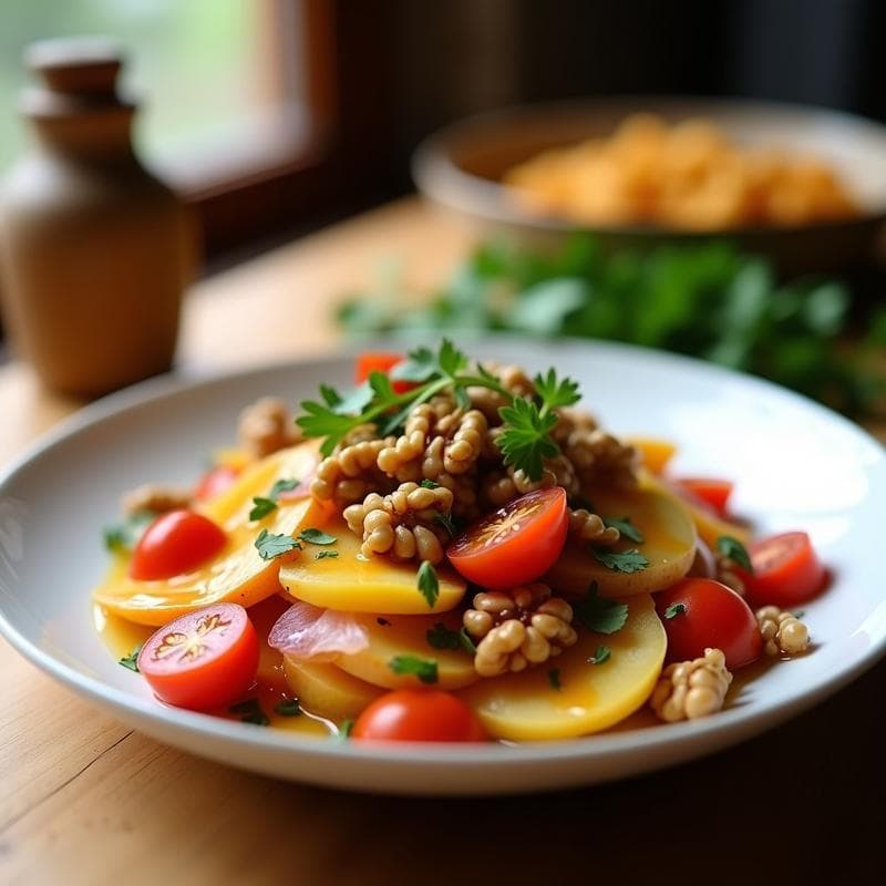 Ensalada Tibia de Alderete y Nuez con Vinagreta de Miel y Mostaza: Receta Vegana Peruana
