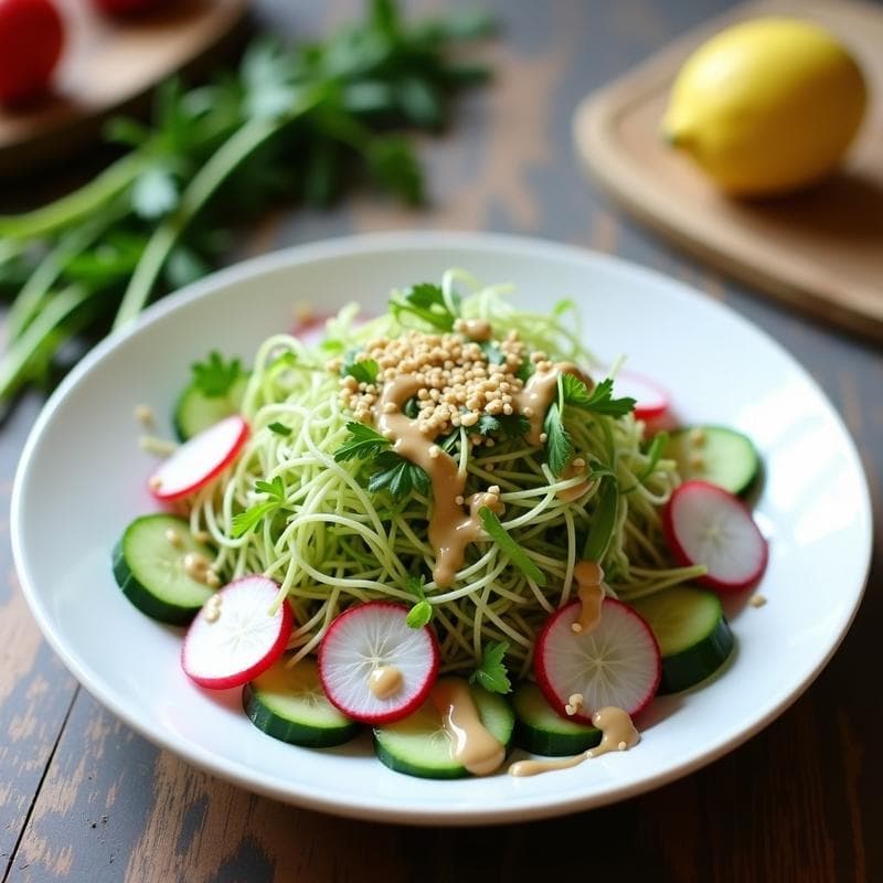 Ensalada de Alfalfa, Rábanos y Pepino con Aderezo de Tahini y Limón: Receta Vegana Crudivegana