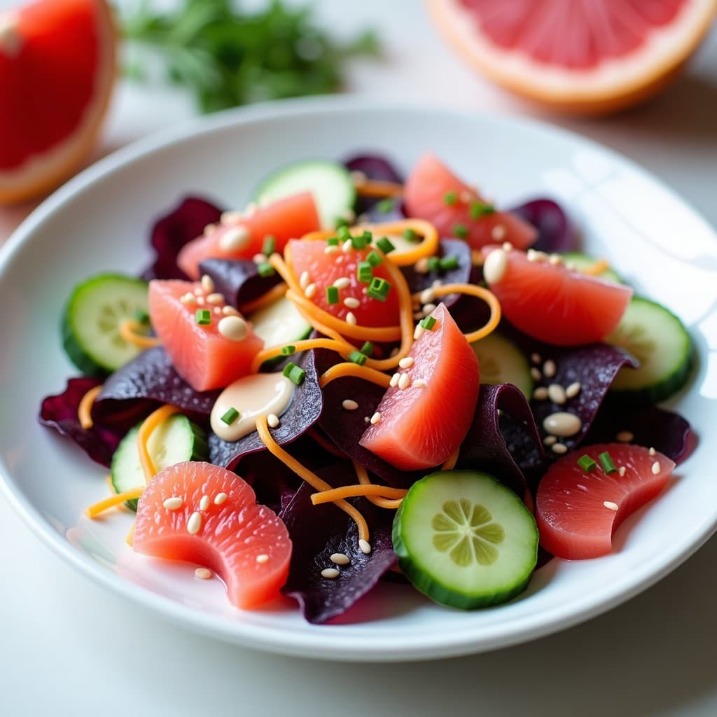 Ensalada de Algas Dulse y Pomelo Rosa con Vinagreta de Sésamo: Receta Crudivegana Depurativa