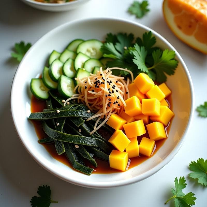 Ensalada de Algas Nori y Mango con Aderezo de Tamari y Jengibre: Receta Japonesa Sin Gluten