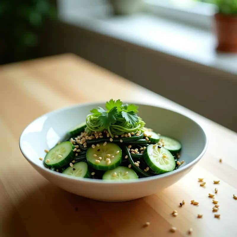 Brisas del Mar: Ensalada de Algas Wakame, Pepino y Sésamo con Aderezo de Limón Yuzu