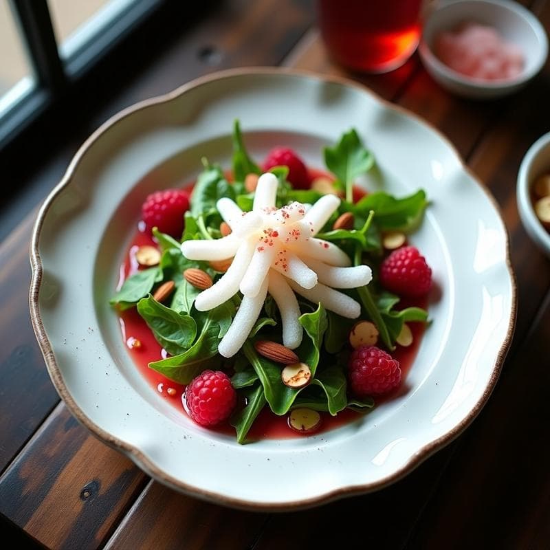 Ensalada de Algodón de Azúcar y Rúcula: Postre Salado Francés con Vinagreta de Frambuesa