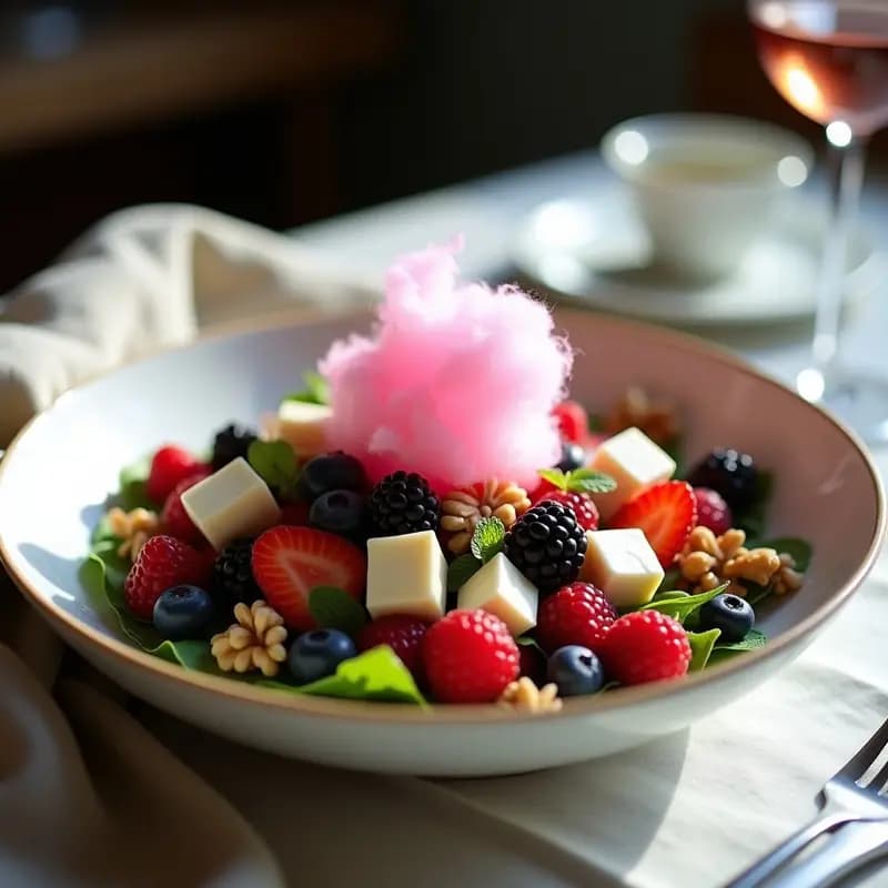 Ensalada de Algodón de Azúcar y Frutos Rojos con Aliño de Vinagre de Frambuesa: Postre Salado-Dulce Inglés