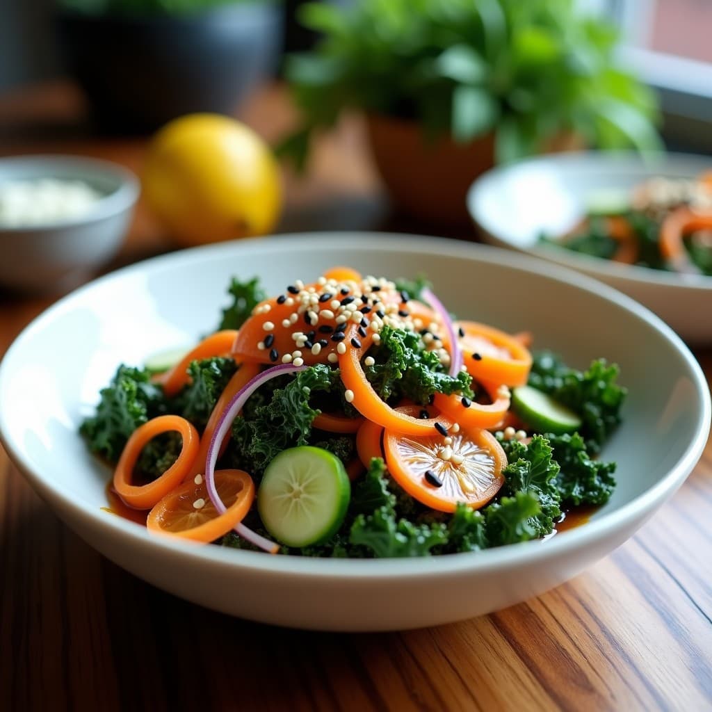 Ensalada de Algodón de Azúcar de Kale con Aderezo de Limón y Semillas de Sésamo: Receta Coreana Crudivegana