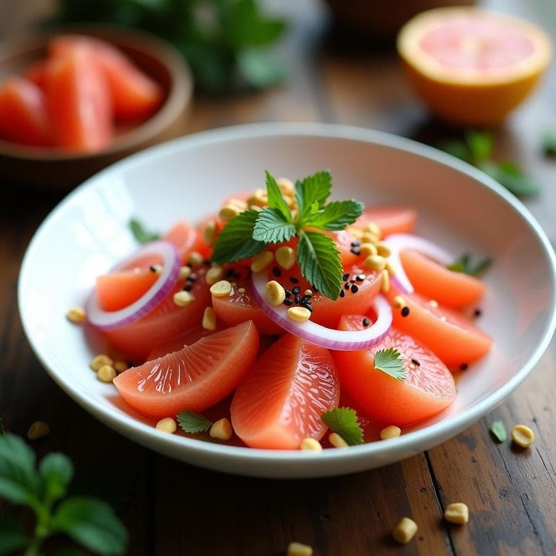 Ensalada de Algodón de Azúcar de Mar y Pomelos con Vinagreta de Tamarindo: Receta Tailandesa Dulce-Salada
