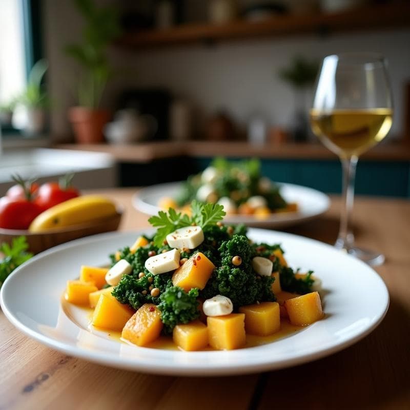 Ensalada de Batata Asada, Kale y Queso de Cabra con Aderezo de Miel y Mostaza: Receta Sin Gluten