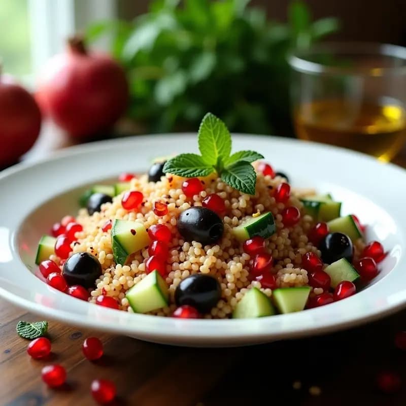 Ensalada de Bulghur y Aceitunas Kalamata con Vinagreta de Granado: Receta Mediterránea Alta en Fibra