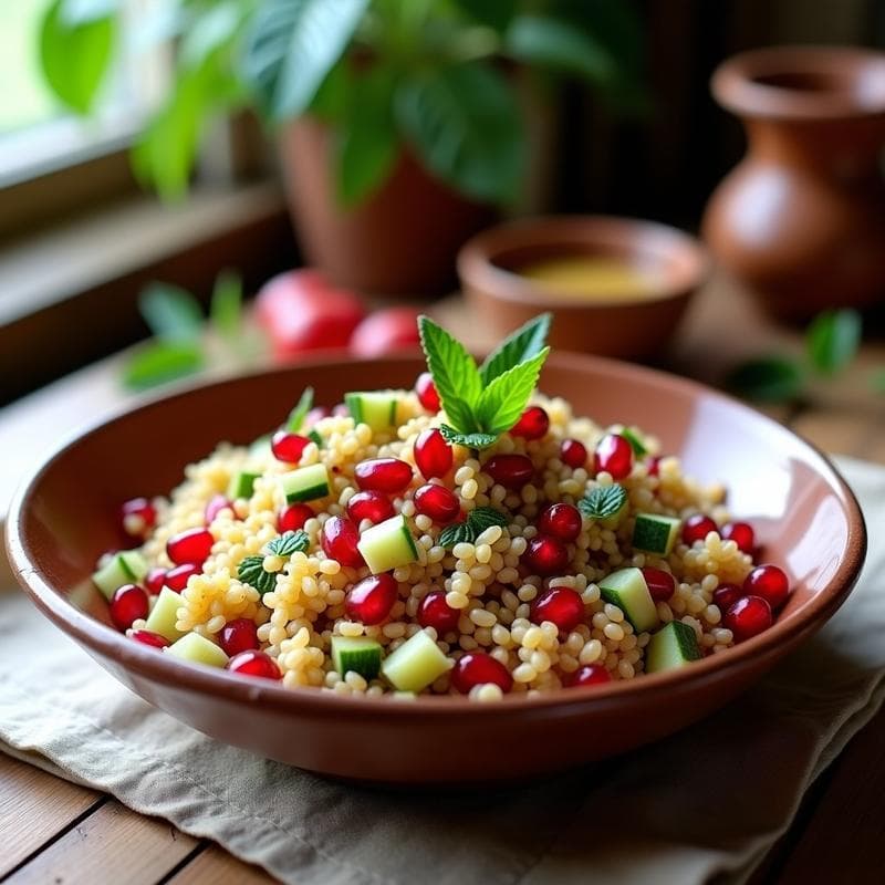 Ensalada de Bulghur con Granos de Granada y Vinagreta de Sumac: Receta Árabe en 15 Minutos