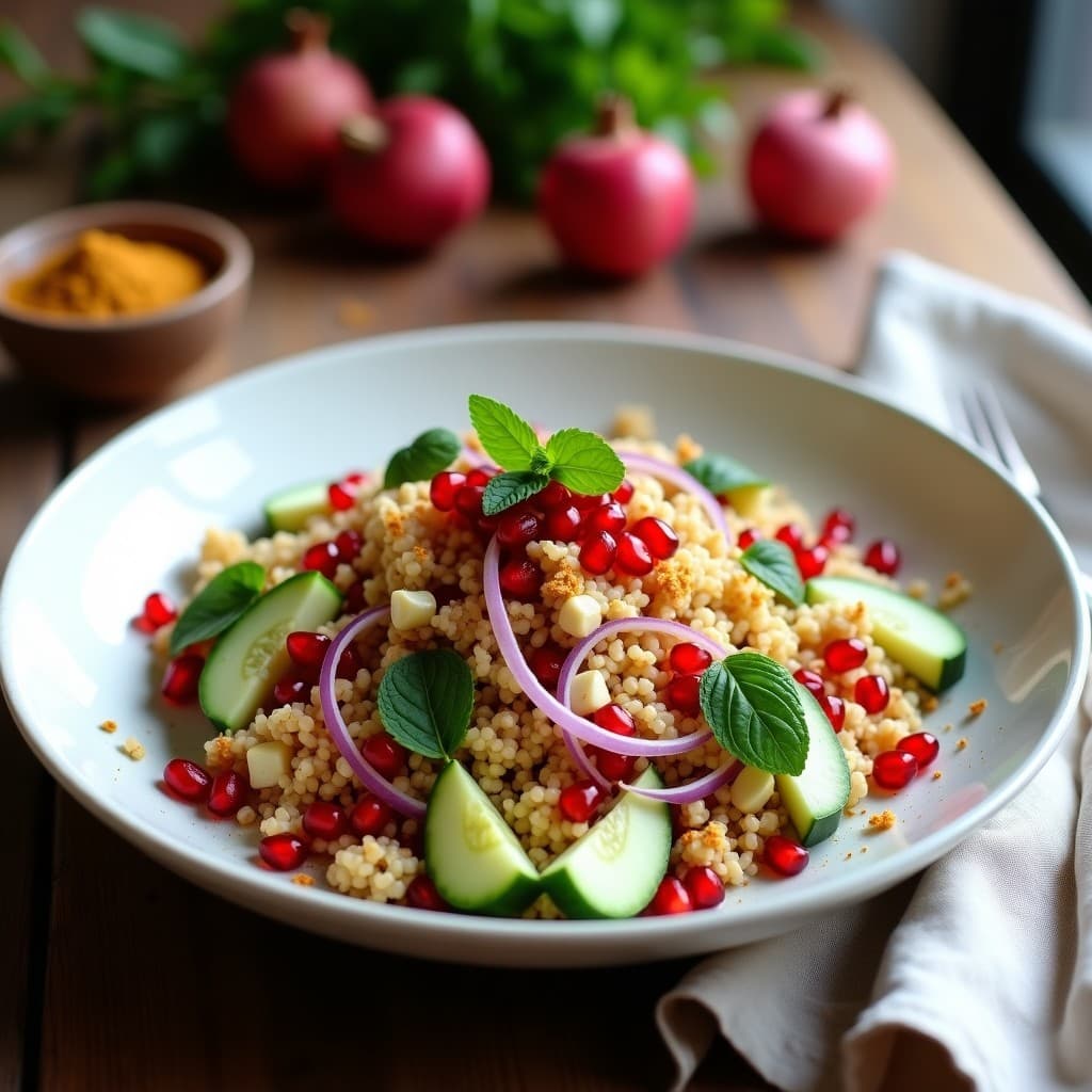Ensalada de Bulghur y Granado con Vinagreta de Zaatar: Receta Libanes Vegana y Crujiente