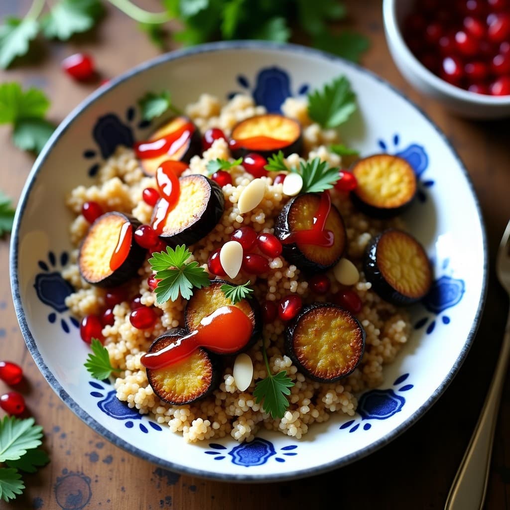 Ensalada de Bulgur y Berenjena Asada con Vinagreta de Granadina: Receta Turca en 15 Minutos