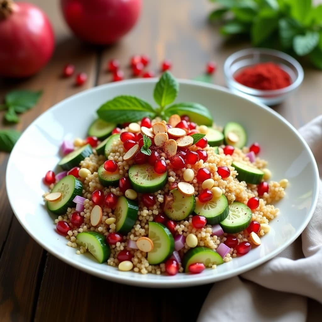 Ensalada de Bulgur, Granado y Pepino con Aderezo de Sumac: Receta Libanesa en 10 Minutos