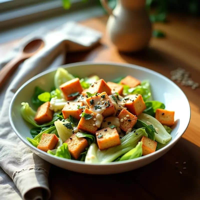 Ensalada Caeser Vegana con Aderezo de Anacardos y Tempeh Crujiente
