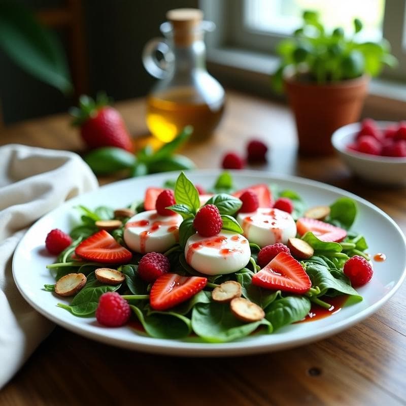 Ensalada de Canónigos, Fresas y Queso de Buratta con Vinagreta de Frambuesa: Receta Italiana Fresca