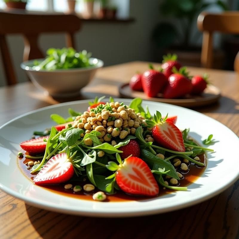 Ensalada de Canónigos y Fresas con Vinagreta de Vinagre Balsámico y Aceite de Pistacho