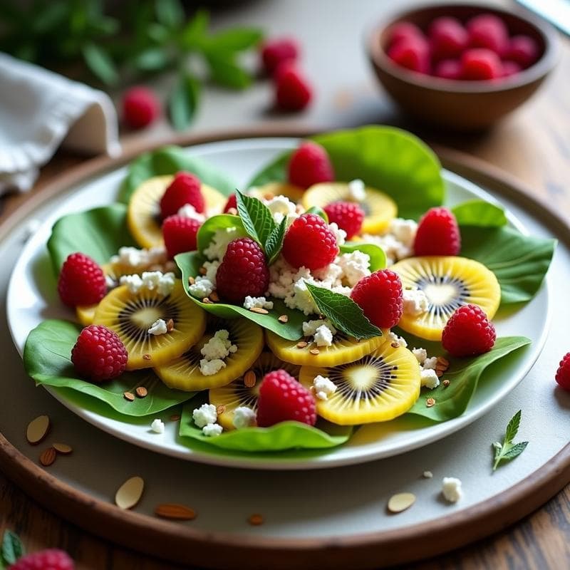 Ensalada de Canónigos, Kiwi y Queso de Almendras: Receta Vegana con Vinagreta de Frambuesa