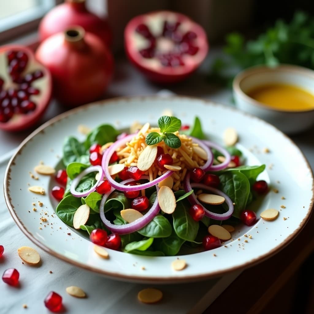 Ensalada de Canónigos con Vinagreta de Granada y Nuez Moscada: Receta Persa Ligera