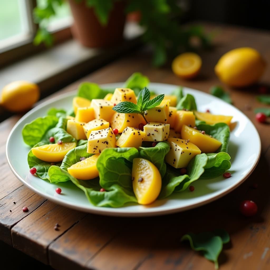 Ensalada de Canónigos con Vinagreta de Granadilla y Queso de Almendras: Receta Peruana Crudivegana