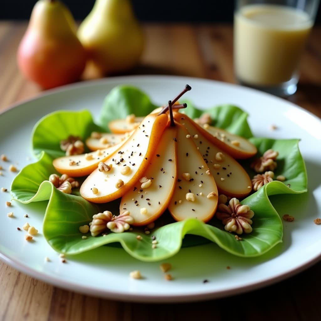 Ensalada de Canónigos con Vinagreta de Miso Blanco y Peras al Vino: Receta Elegante y Vegana