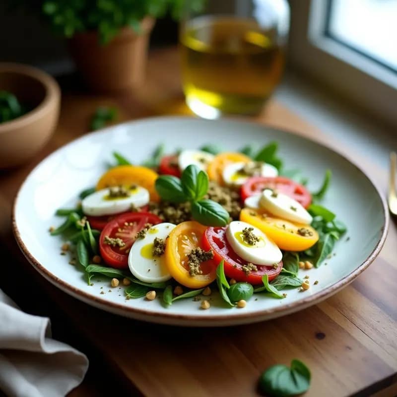 Ensalada Caprese de Tomate Amarillo y Mozzarella de Anacardos: Receta Italiana Vegana con Vinagreta de Albahaca