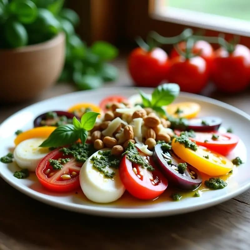 Ensalada Caprese con Tomate Heirloom y Pesto de Rúcula: Receta Italiana Gourmet