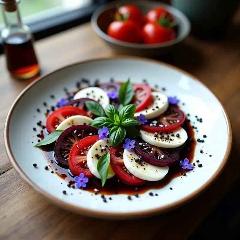 Ensalada Caprese con Tomate Negro y Albahaca Morada: Receta Italiana Visual y Fotogénica
