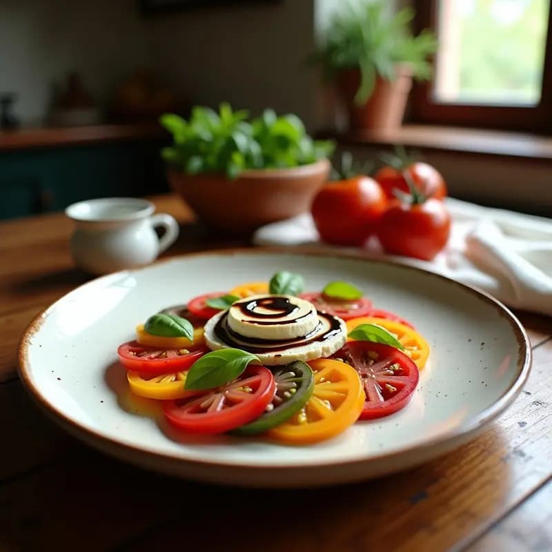 Ensalada Caprese con Tomates Heirloom: Receta Italiana Vegana con Queso de Anacardo