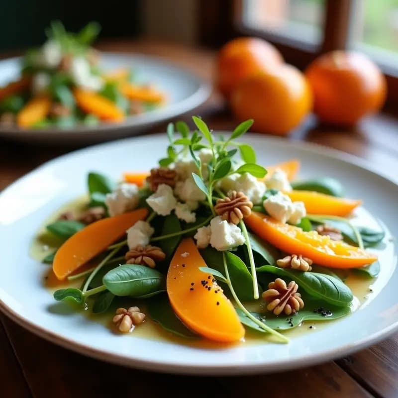 Ensalada de Caqui Persimon y Queso Azul con Vinagreta de Nueces: Receta de Otoño en 15 Minutos