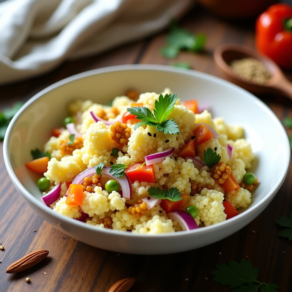 Ensalada de Cauliflower Rice con Curry y Pasas: Receta India Keto y Sin Cocción