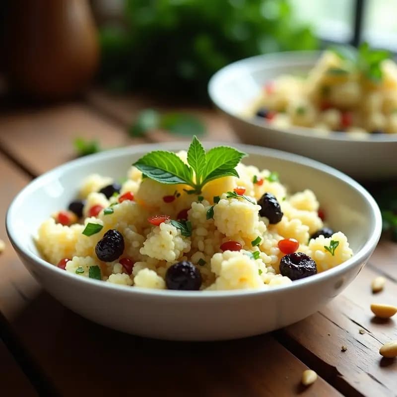 Ensalada de Couscous de Coliflor con Pasas y Piñones: Receta Árabe Keto y Sin Cocción