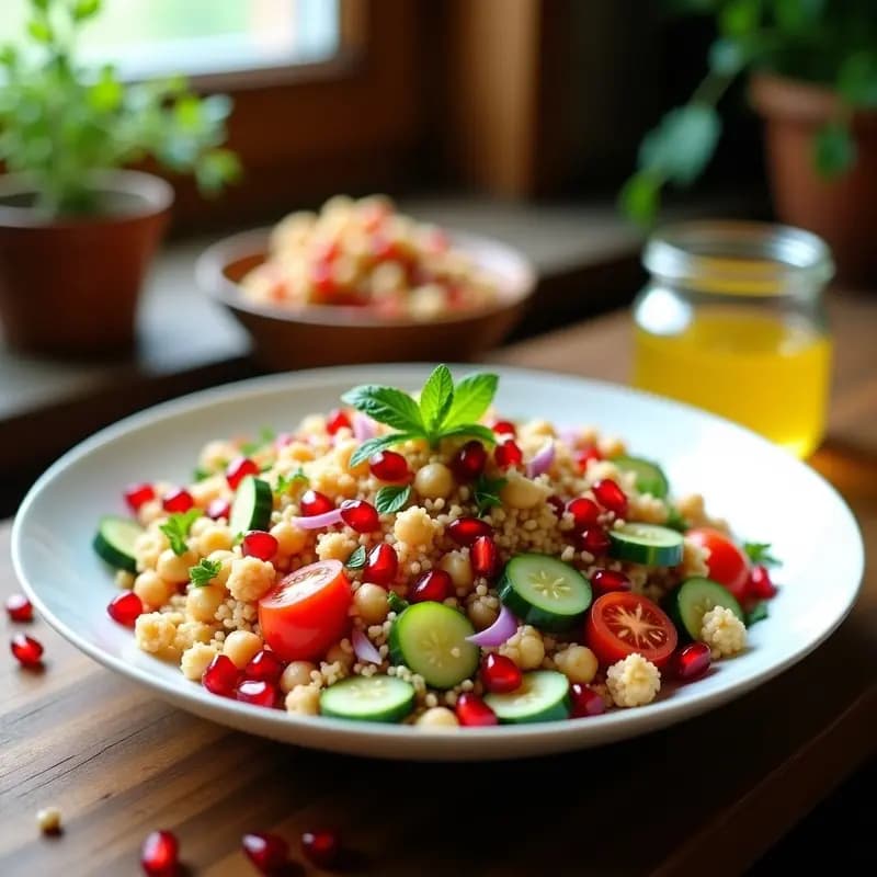 Ensalada de Couscous de Garbanzo y Granados: Receta Marroquí sin Cocinar con Vinagreta de Comino