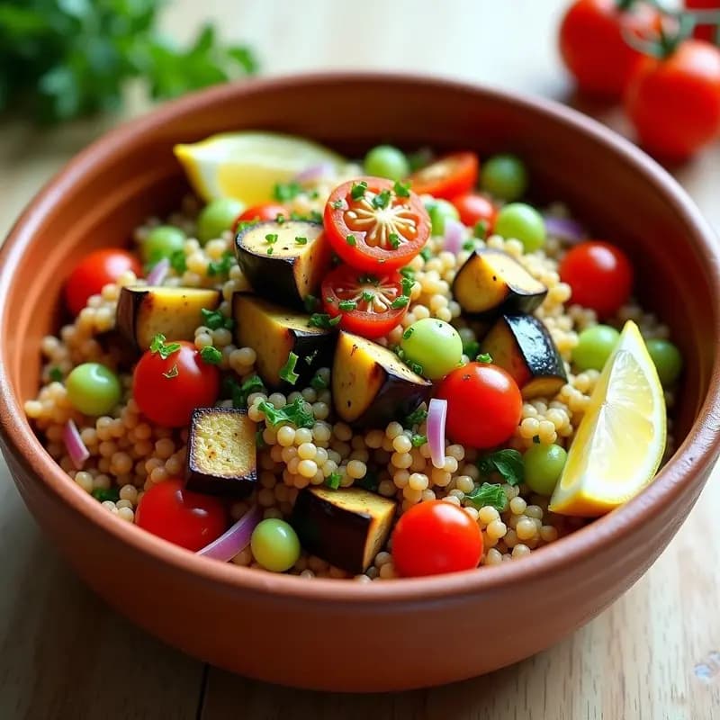 Ensalada de Cuscús con Berenjena Ahumada y Zaatar: Receta Mediterránea en 15 Minutos