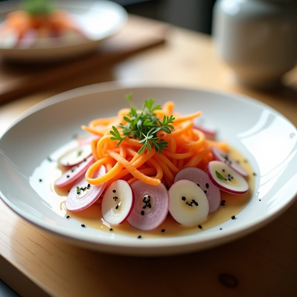 Ensalada de Rábanos Daikon y Zanahoria con Aderezo de Miso Blanco: Receta Japonesa Crudivegana