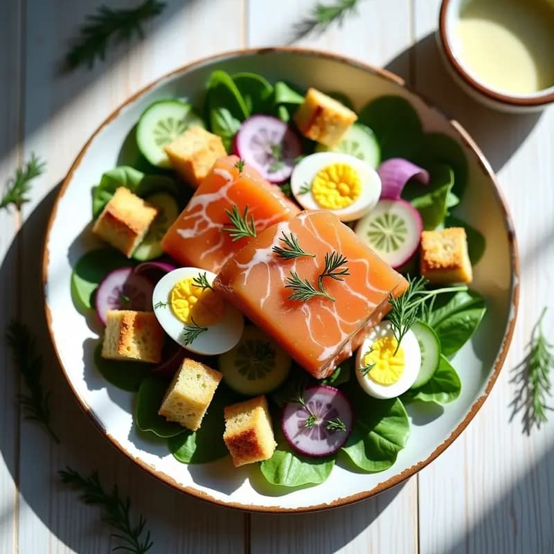 Ensalada de Eiweissbrot con Salmón Marinado y Eneldo: Receta Alemana Alta en Proteína