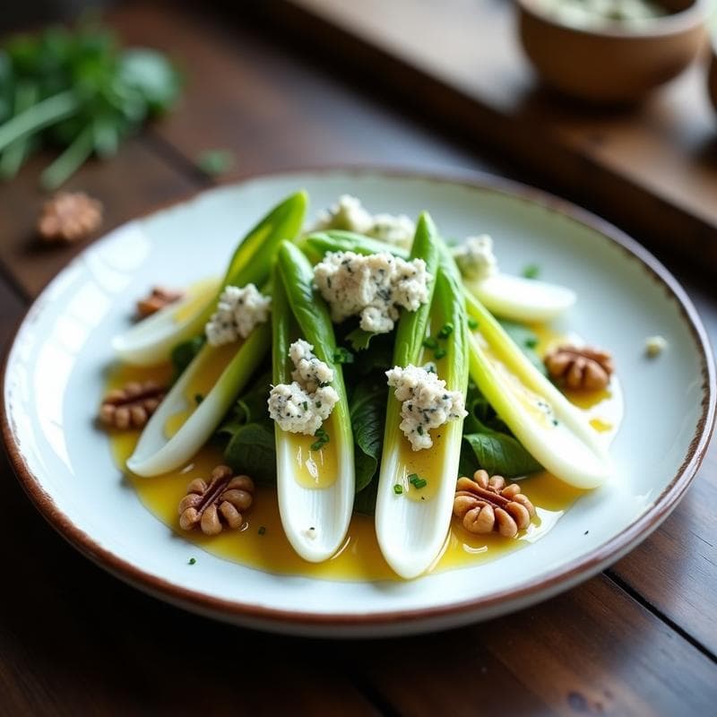 Ensalada de Endivias, Nuez Moscada y Queso Azul Vegano: Receta Francesa Keto