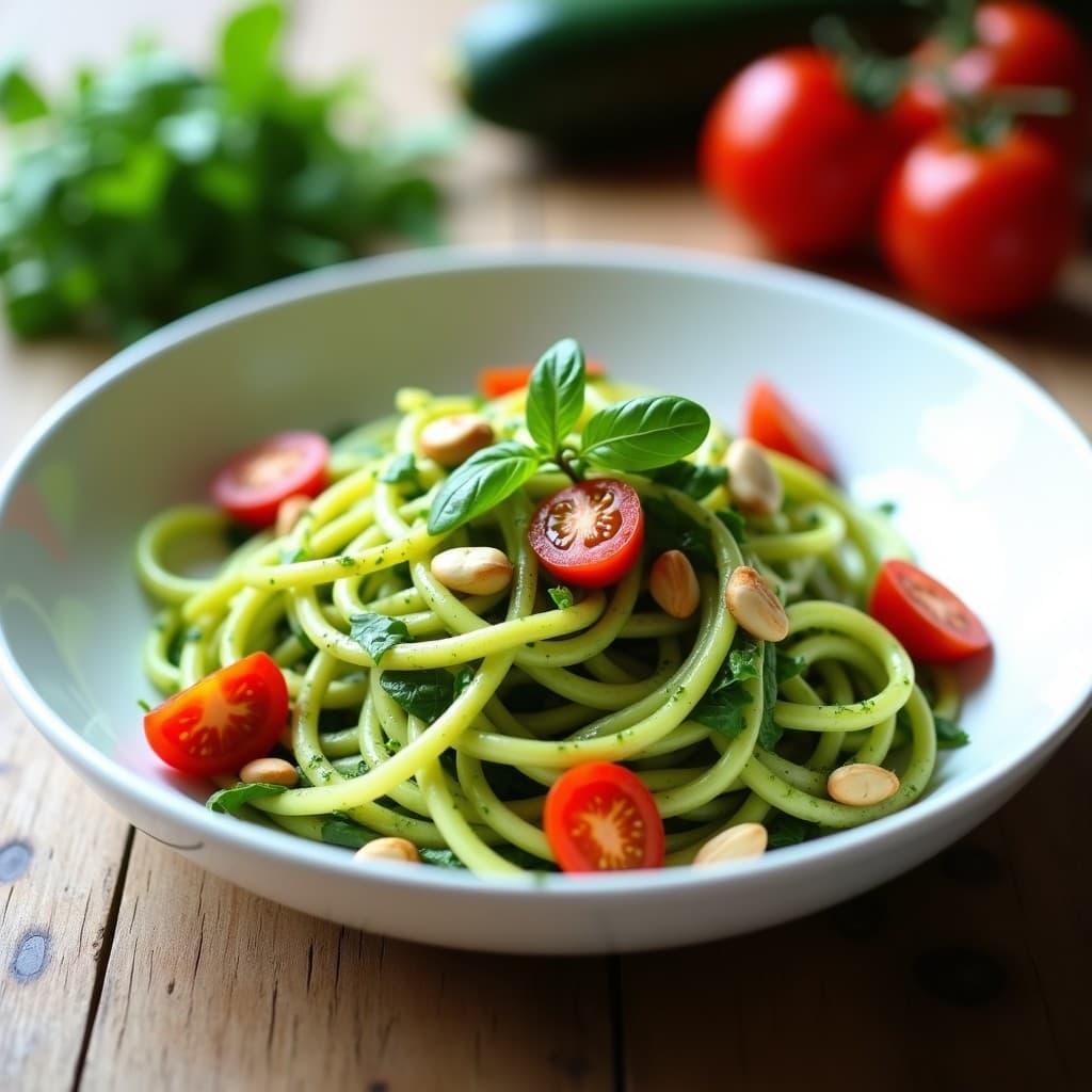 Ensalada de Espaguetis de Zucchini con Pesto de Rúcula y Piñones: Receta Crudivegana en 10 Minutos