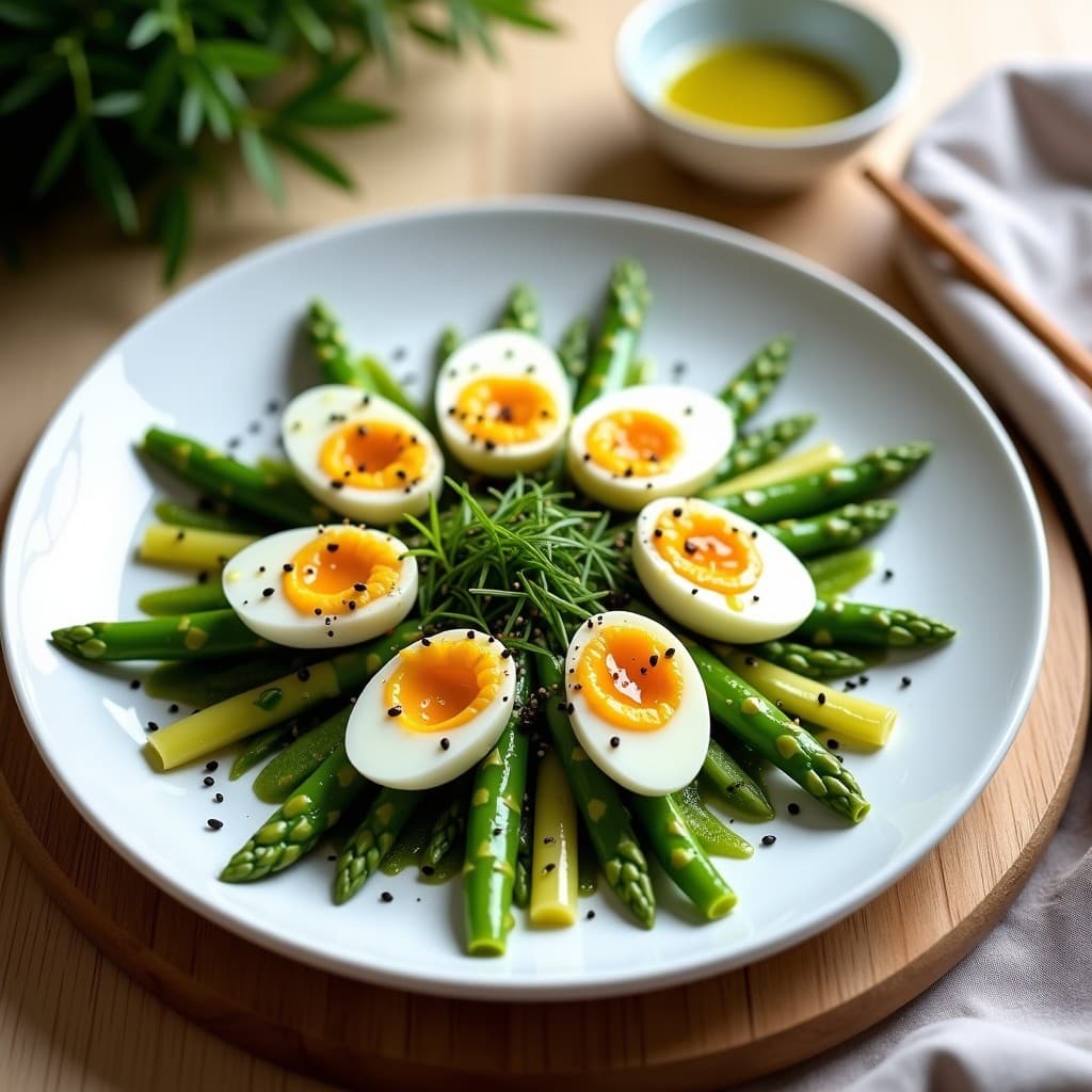 Ensalada tibia de espárragos trigueros y huevo de codorniz con vinagreta de wasabi: Receta japonesa rápida