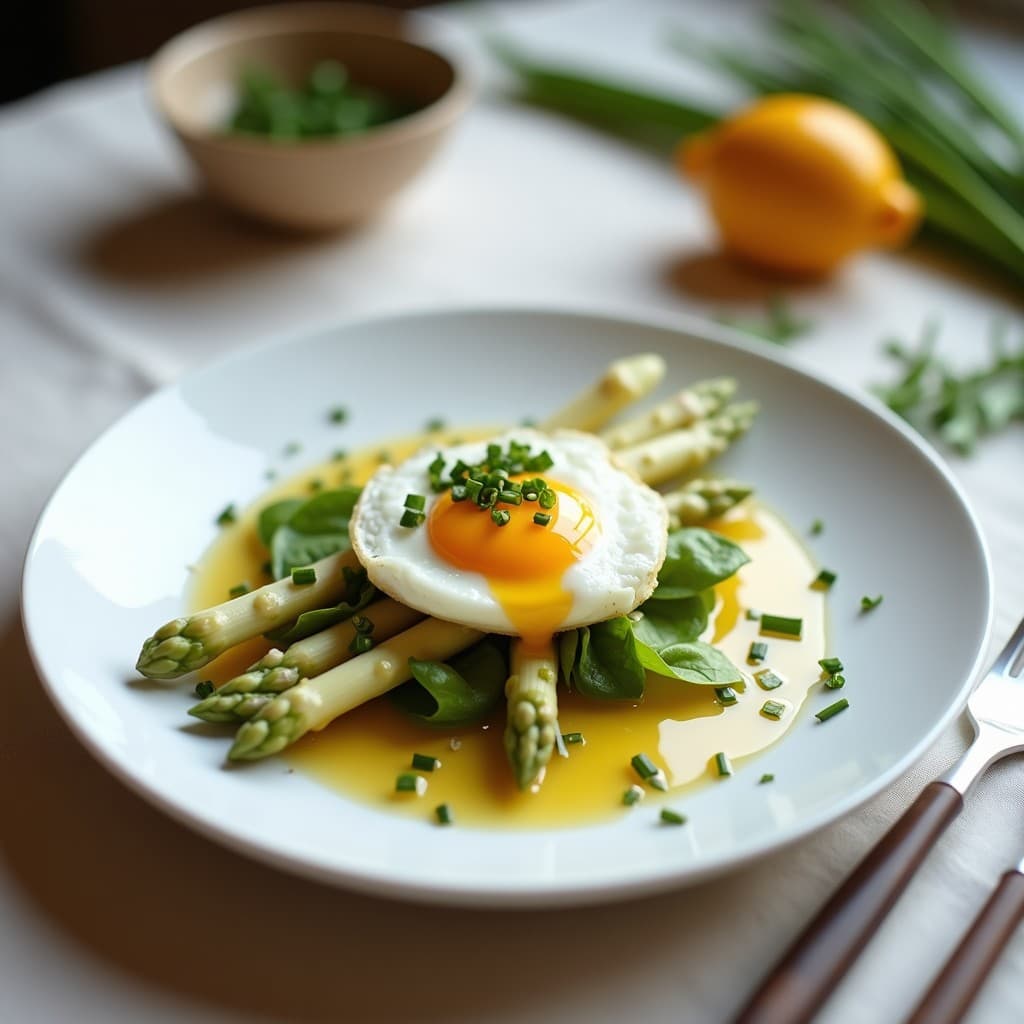 Ensalada tibia de espárragos blancos y huevo escalfado con vinagreta de mostaza antigua: Receta francesa keto
