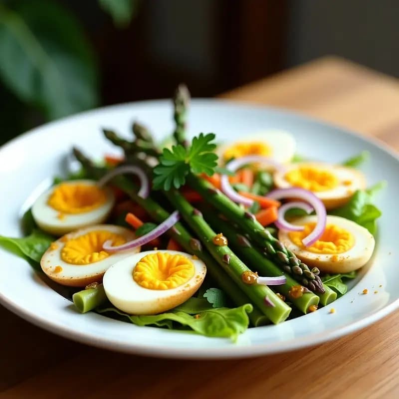 Ensalada Tibia de Espárragos Verdes y Huevos Escabechados con Vinagreta de Mostoza: Receta Española Gourmet