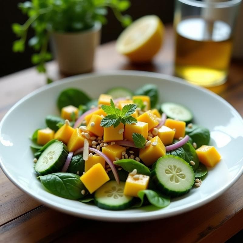 Ensalada de Espirulina y Mango con Aderezo de Limón y Jengibre: Receta Detox y Energética