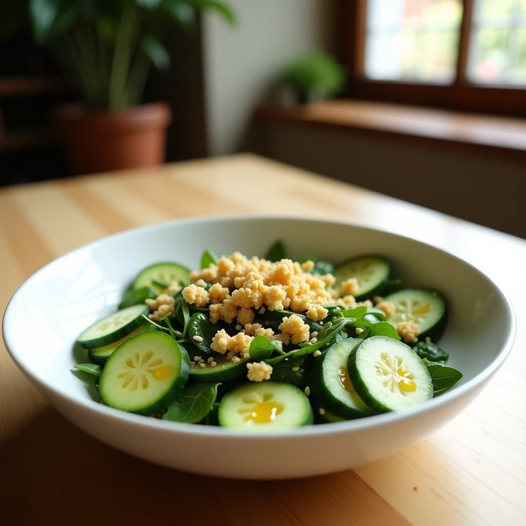 Ensalada de Espirulina, Pepino y Queso de Cacahuete con Vinagreta de Tamarindo: Receta Alta en Hierro