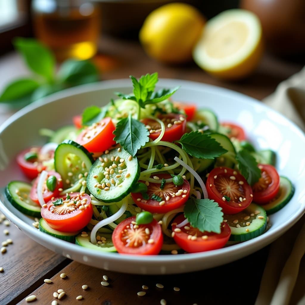 Ensalada de Espirulina, Pepino y Tomate con Aderezo de Limón: Receta Crudivegana Detox