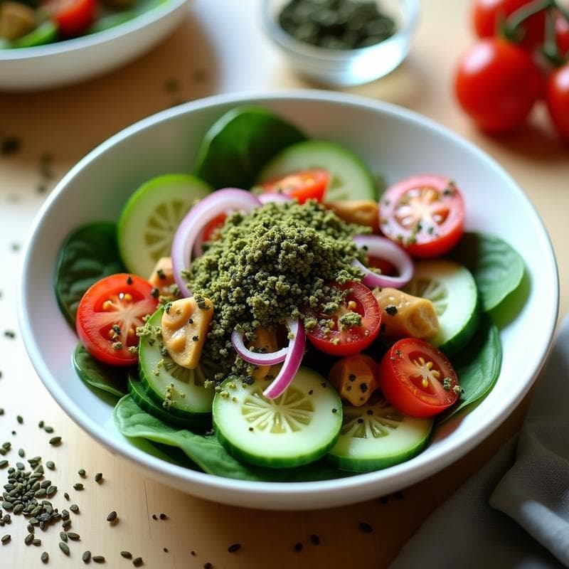 Ensalada de Espirulina, Pepino y Tomates Cherry con Vinagreta de Sésamo: Receta Crudivegana