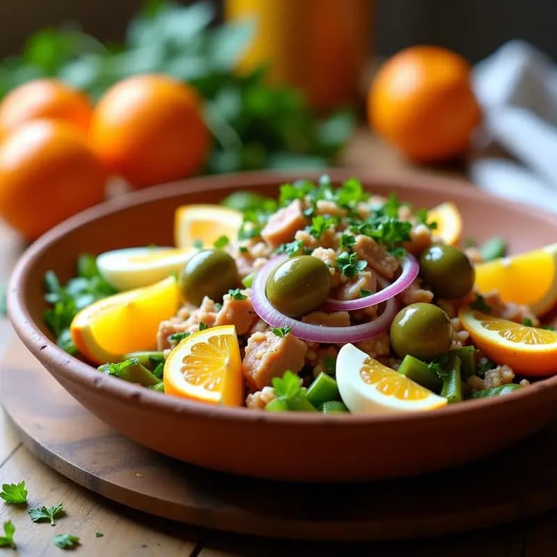 Ensalada extremeña con Naranja, Aceitunas y Atún: Receta Fresca y Nutritiva en 10 Minutos