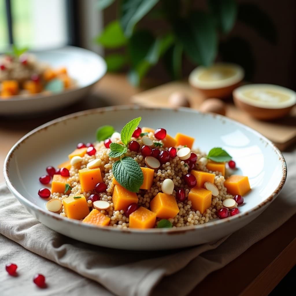 Ensalada Tibia de Farro y Calabaza con Aderezo de Tahini y Granada: Receta Libanesa Alta en Fibra