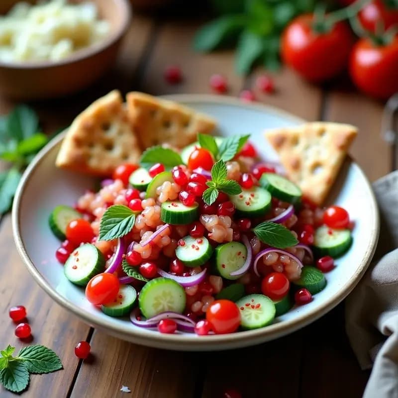 Ensalada Fatoush con Granadas y Pepino: Receta Libanesa Vegana y Crudivegana
